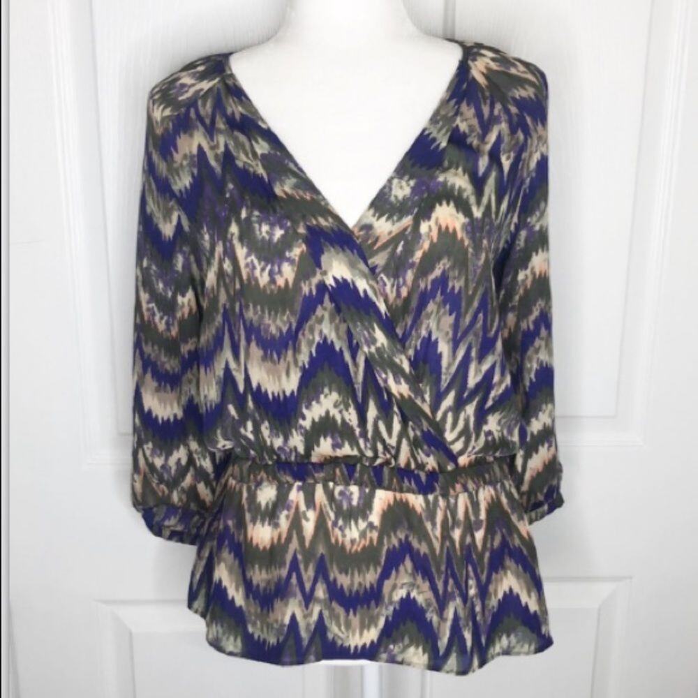 Parker green and purple printed faux wrap top